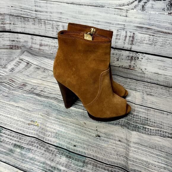 Michael Kors MK Camel Suede Open Toe Heel Booties 6 - Picture 2 of 4